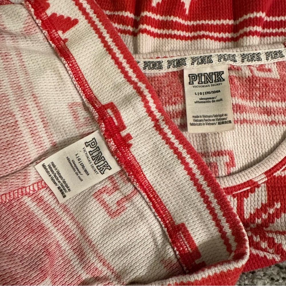 PINK Victorias Secret L Red Light Pink Fair Isle Thermal Pajamas R $79 Holiday - Picture 10 of 14